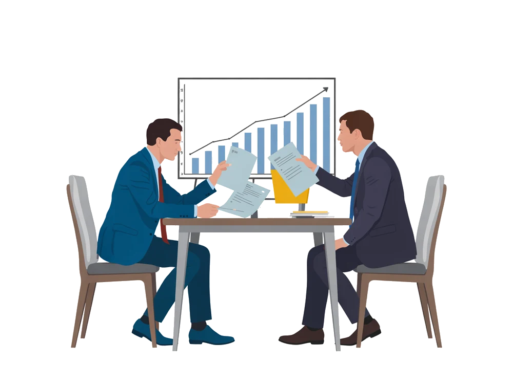 Разбор процесса продаж: двое за столом с документами и графиком