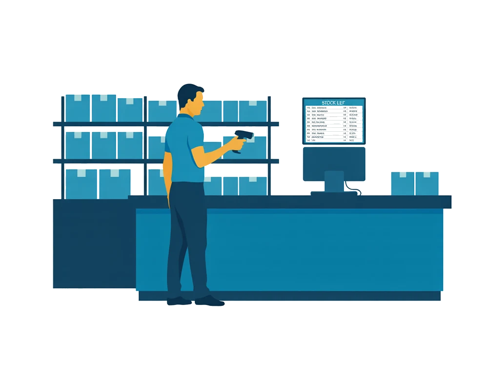 Продавец сканирует товар покупателю за прилавком магазина